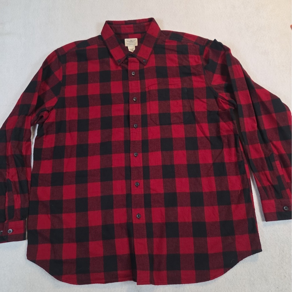 LL Bean Shirt Mens XL Red Black Buffalo Check Plaid Twill Flannel Button Down